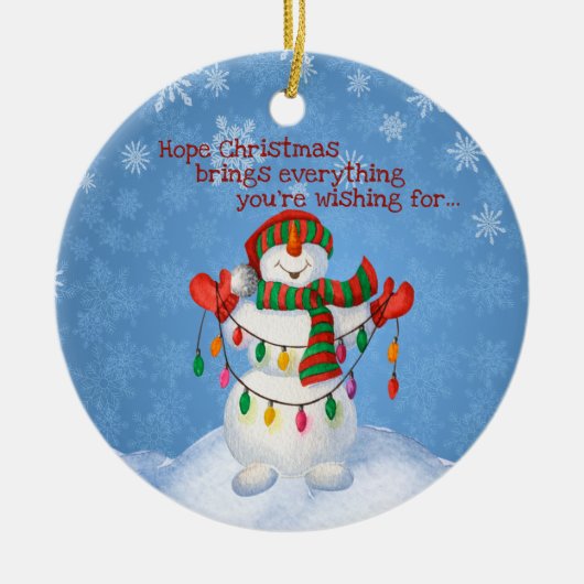 Cute Frosty Snowman Holding met kerstlichten Keramisch Ornament (Voorkant)