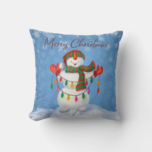 Cute Frosty Snowman Holding met kerstlichten Kussen