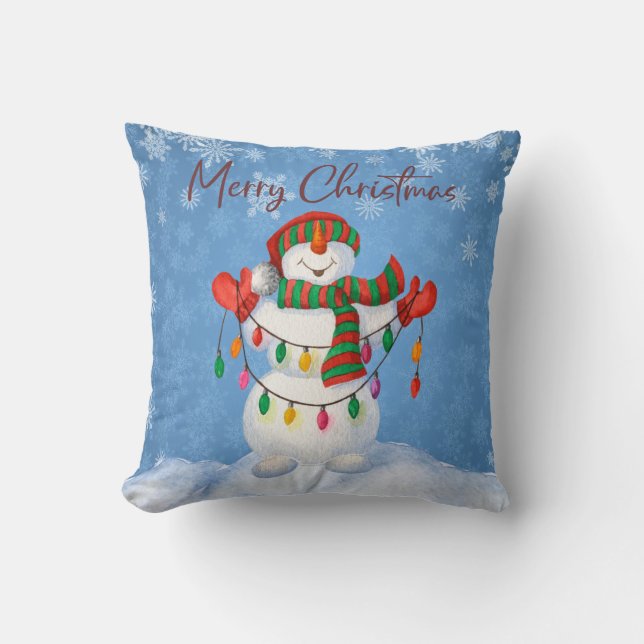 Cute Frosty Snowman Holding met kerstlichten Kussen (Voorkant)