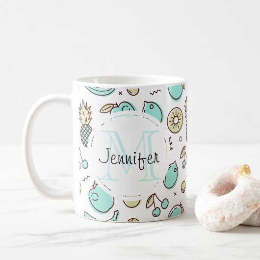 Cute Fruit Pattern Summery Thormy Monogram Koffiemok (Met donut)