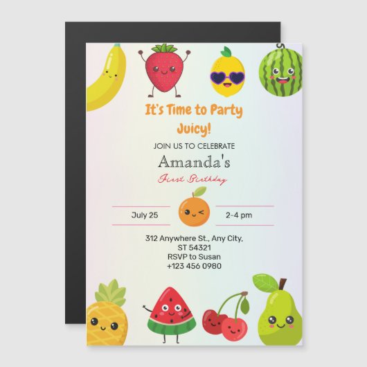 Cute Fruits First 1e verjaardag meisje magnetisch Magnetische Uitnodiging (Voorkant / Achterkant)