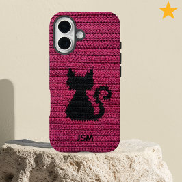 Cute Fuchsia Crochet Cat Custom Initial Monogram iPhone 16 Hoesje