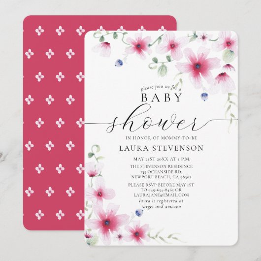 Cute Fuchsia Pink Waterverf Whimsical Flowers Kaart (Voorkant / Achterkant)