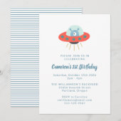 Cute Fun Alien Spaceship 1st Birthday Party Kaart (Voorkant / Achterkant)