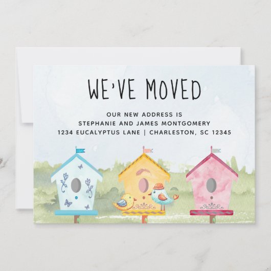 Cute Fun Bird Houses Moving Announcement Kaart (Voorkant)