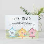 Cute Fun Bird Houses Moving Announcement Kaart (Staand voorkant)