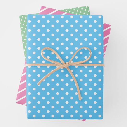Cute Fun Blue Pink Green Stripes Polkadots Art Inpakpapier Vel (In situ)