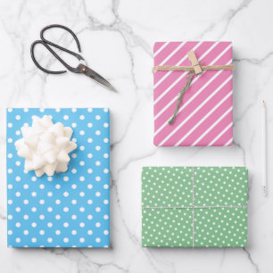 Cute Fun Blue Pink Green Stripes Polkadots Art Inpakpapier Vel