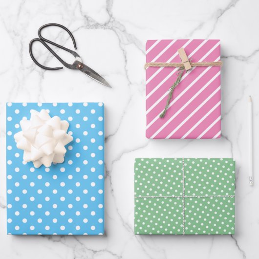Cute Fun Blue Pink Green Stripes Polkadots Art Inpakpapier Vel (Voorkant)