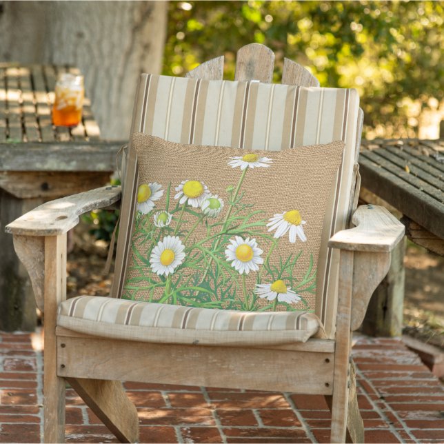 Cute Fun  Chamomile Floral Faux Jute Burlap Buitenkussen (Stoel)