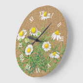 Cute Fun  Chamomile Floral Faux Jute Burlap Grote Klok (Hoek)