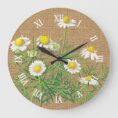 Cute Fun  Chamomile Floral Faux Jute Burlap Grote Klok (Voorkant)