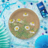 Cute Fun Chamomile Flowers Faux Jute Burlap Papieren Bordje (Feest)