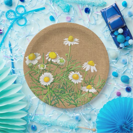 Cute Fun  Chamomile Flowers Faux Jute Burlap Papieren Bordje (Feest)