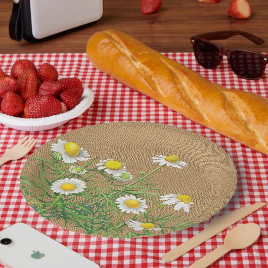 Cute Fun Chamomile Flowers Faux Jute Burlap Papieren Bordje (Picknick)