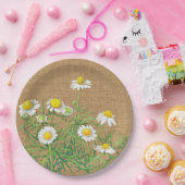 Cute Fun Chamomile Flowers Faux Jute Burlap Papieren Bordje (Feest)