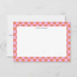 Cute Fun Checkerboard Roze Coral Geometric Name Bedankkaart