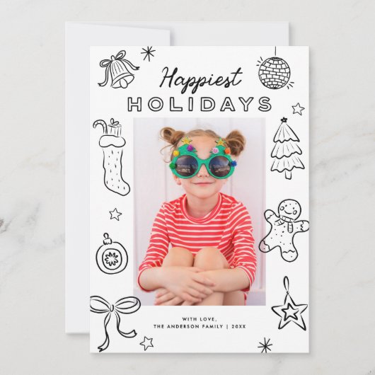 Cute Fun Doodles Black & White Christmas Photo Feestdagenkaart (Voorkant)