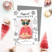 Cute Fun Doodles Black & White Christmas Photo Feestdagenkaart