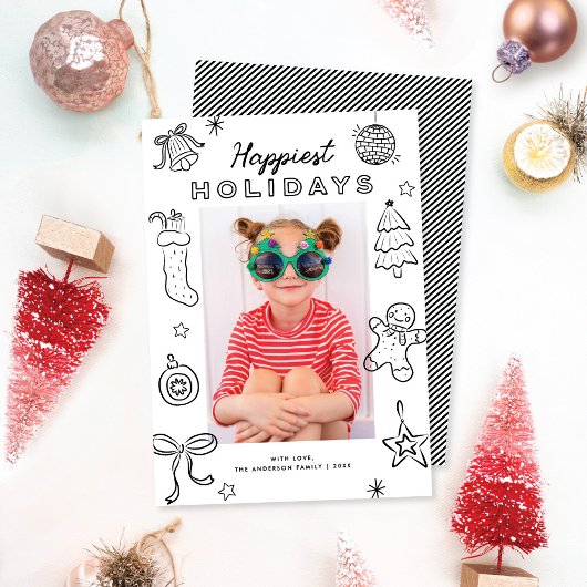 Cute Fun Doodles Black & White Christmas Photo Feestdagenkaart