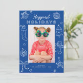 Cute Fun Doodles Blue Christmas Photo Feestdagenkaart (Staand voorkant)