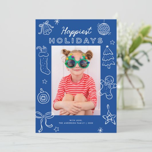 Cute Fun Doodles Blue Christmas Photo Feestdagenkaart (Staand voorkant)