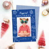 Cute Fun Doodles Blue Christmas Photo Feestdagenkaart
