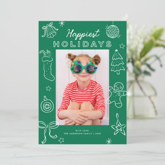 Cute Fun Doodles Green Christmas Photo Feestdagenkaart (Staand voorkant)