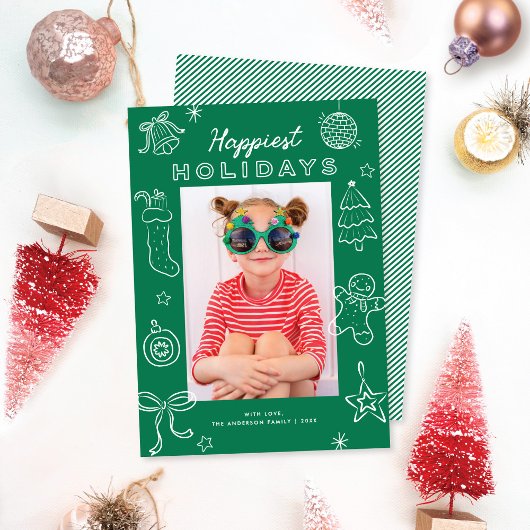 Cute Fun Doodles Green Christmas Photo Feestdagenkaart