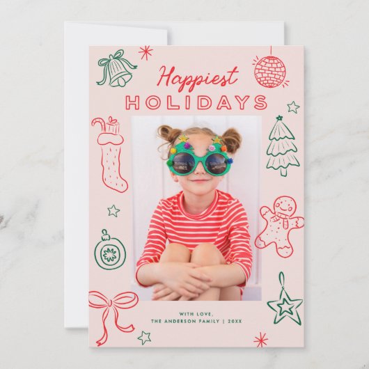 Cute Fun Doodles Pink Red Green Christmas Photo Feestdagenkaart (Voorkant)
