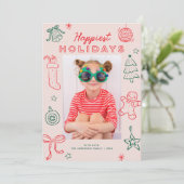 Cute Fun Doodles Pink Red Green Christmas Photo Feestdagenkaart (Staand voorkant)