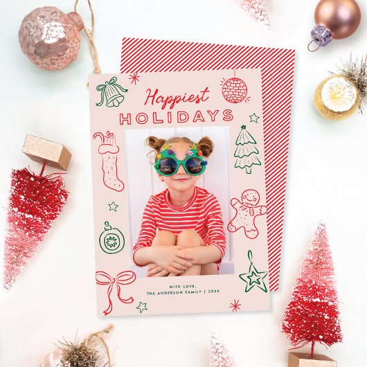Cute Fun Doodles Pink Red Green Christmas Photo Feestdagenkaart