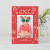 Cute Fun Doodles Red Christmas Photo Holiday Card Feestdagenkaart (Staand voorkant)