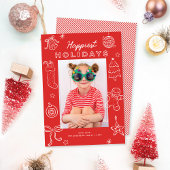 Cute Fun Doodles Red Christmas Photo Holiday Card Feestdagenkaart