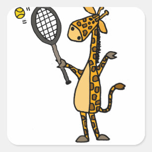 Cute Fun Giraffe die Tennis Cartoon speelt Vierkante Sticker