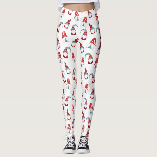 Cute Fun Gnome Elf Modern Nordic Pattern White Leggings (Voorkant)