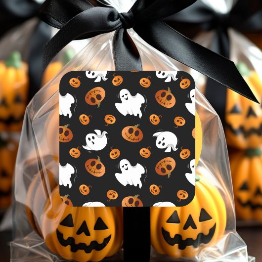 Cute Fun Halloween Ghost Pumpkin Patroon Vierkante Sticker