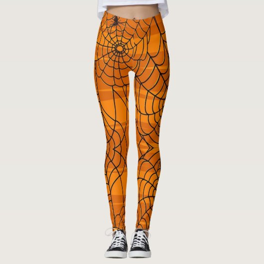 Cute Fun Halloween Spider Web Black en Sinaasappel Leggings (Voorkant)