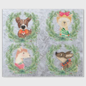 Cute, Fun Llama en Dog Kerstmis Wreaths Cadeaupapier (Vlak)