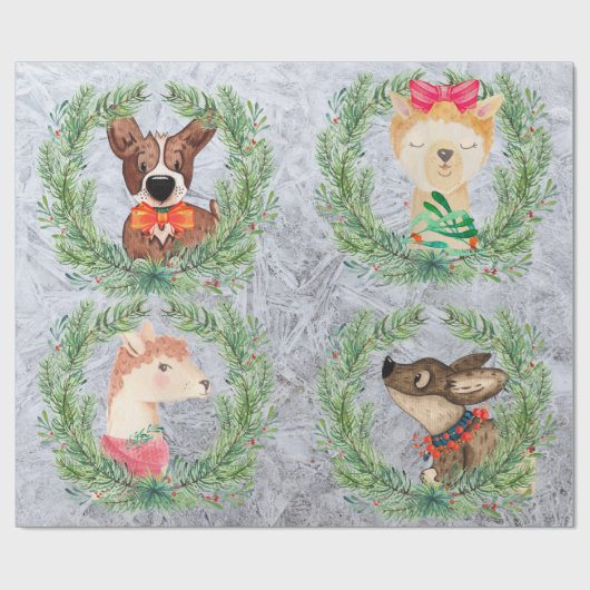 Cute, Fun Llama en Dog Kerstmis Wreaths Cadeaupapier (Vlak)