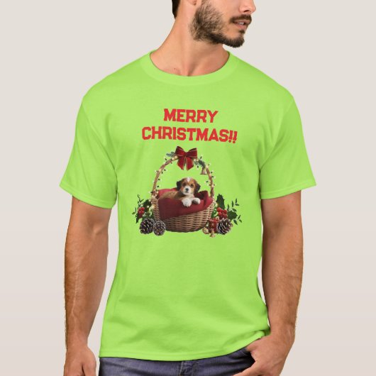 Cute Fun Merry Christmas Puppy Basket T-shirt (Voorkant)
