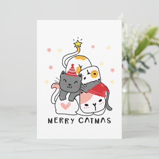 Cute Fun Merry Kerstmis Doddle Cats Feestdagenkaart (Staand voorkant)