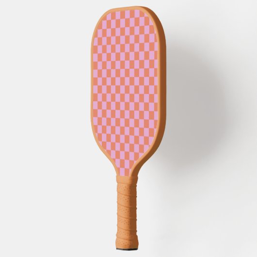 Cute Fun Modern Checkerboard Coral Pink Geometric Pickleball Paddle (Links)