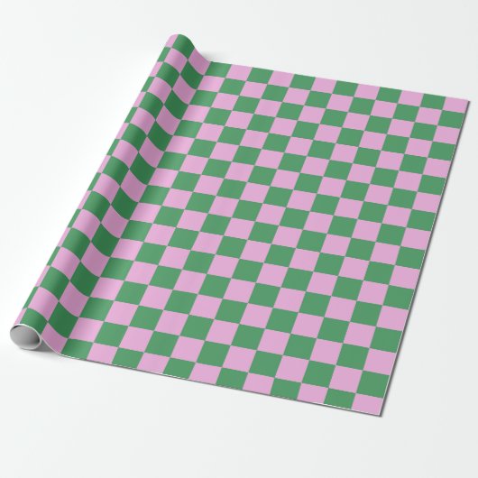 Cute Fun Modern Checkerboard Roze Green Geometric Cadeaupapier (Uitgerold)
