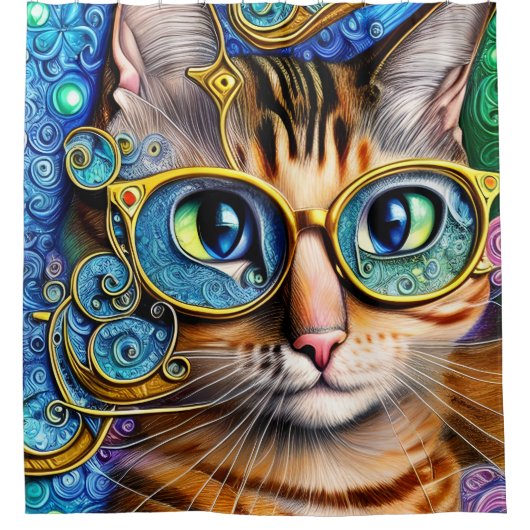 Cute Fun Nerd Cat Wearing Glasses Artwork Douchegordijn (Voorkant)
