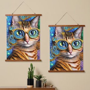 Cute Fun Nerd Cat Wearing Glasses Artwork Hangend Wandkleed