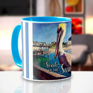 Cute Fun Pelican Bird Photo Soak Up the Sun Script Mok