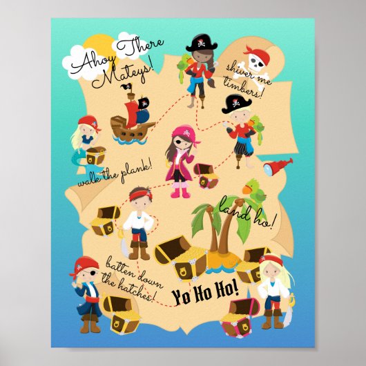 Cute Fun Personalized Pirate Treasure Map Poster (Voorkant)