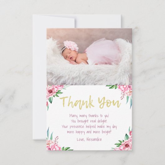 Cute Fun Pink Gold Floral Birthday Foto Bedankkaart (Voorkant)