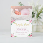 Cute Fun Pink Gold Floral Birthday Foto Bedankkaart (Staand voorkant)